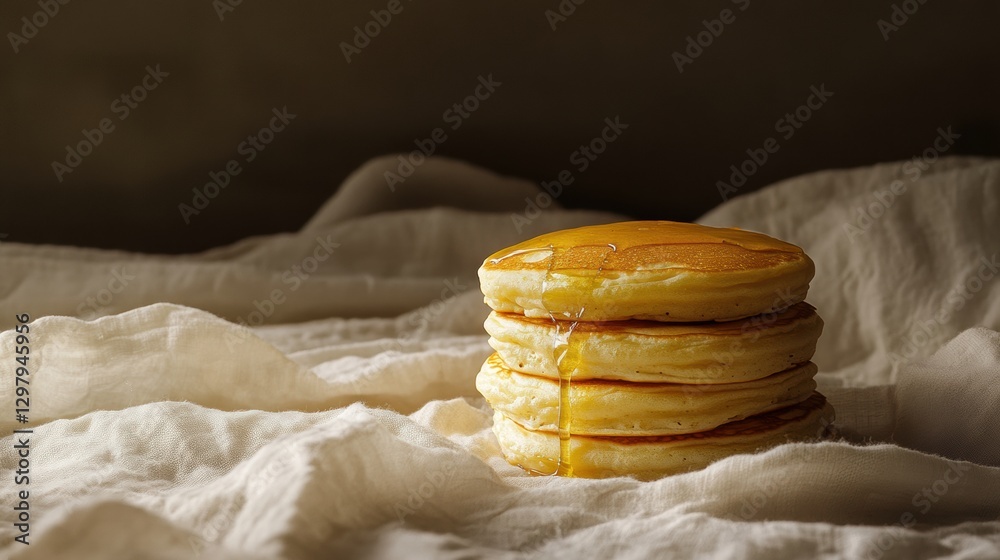 Poster stacked fluffy pancakes with syrup on a rustic cloth background, perfect for breakfast any time of d