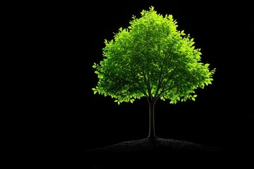 Green tree illuminated on black background