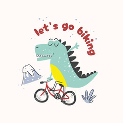 Cute dinosaur riding a bike. Vector Illustration for kindergarten background, kids poster decoration, book cover, apparel and others