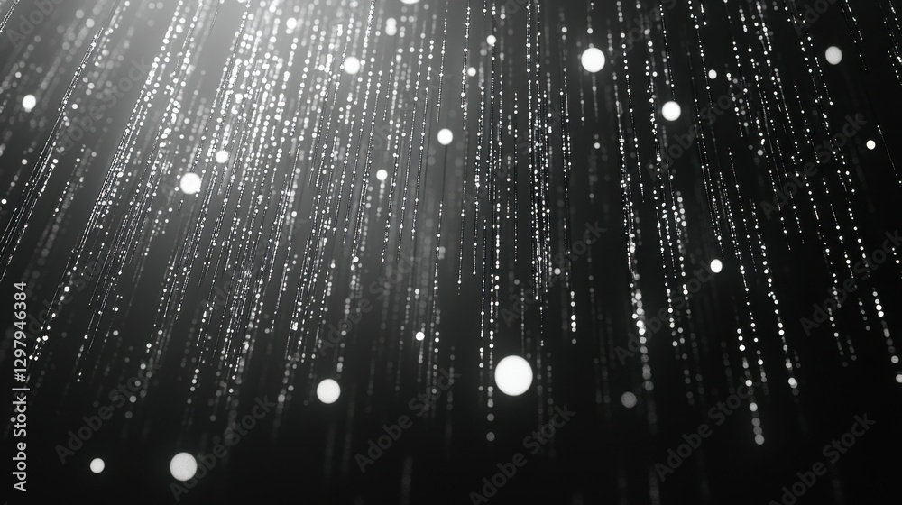 Poster white binary code rains down on dark background in an abstract black and white image.