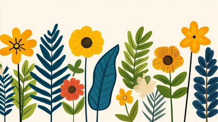 Botanical meadow of whimsical blooms featuring stylized floral and plant life in a row presenting a retro inspired composition
