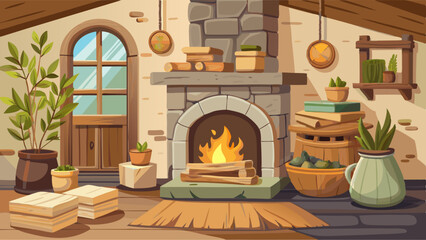 Charming Rustic Nook Featuring Firewood Stack and Neutral Decor in Soft Beige Tones