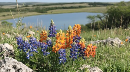 Vibrant Wildflowers by a Lake in Spring Sunshine