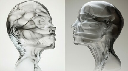 Fototapeta premium Modern Transparent Glass Sculptures: Innovative Head Profiles with Layered Precision