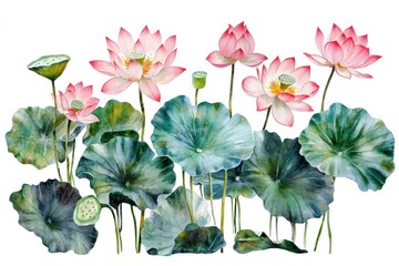 Obraz premium Watercolor painting of pink lotus flowers and green leaves.