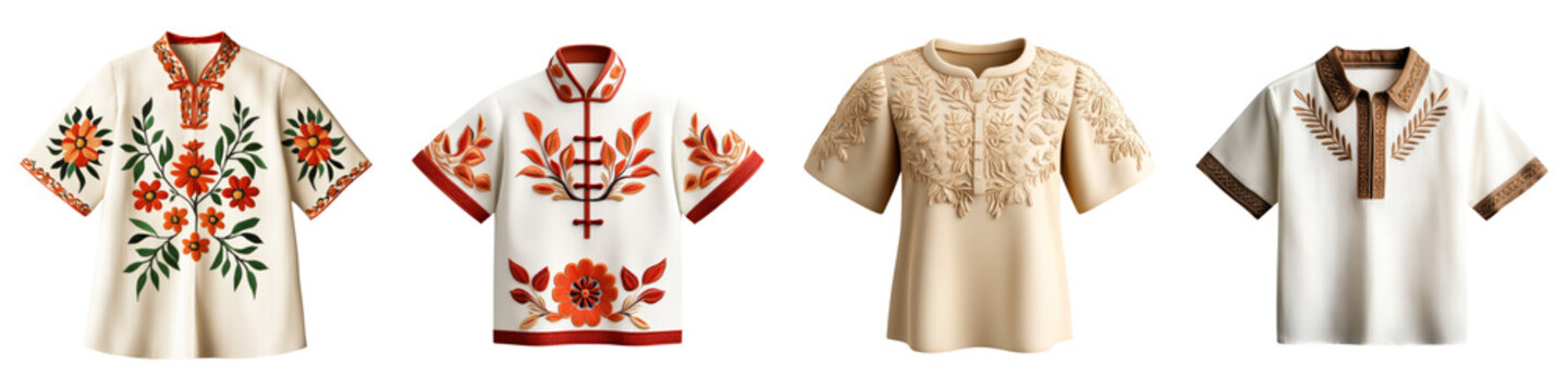 Traditional Filipino barong tagalog shirts with intricate designs and embroidery