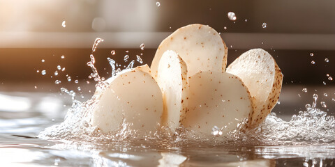 Fresh and Crunchy White Root Vegetables Sliced and Captured in a Dynamic Water Splash for a Crisp and Refreshing Aesthetic

