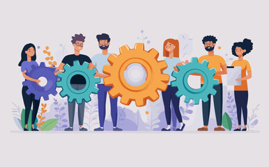 Business Teamwork Concept: Flat Style Abstract Vector Illustration of Diverse Team Building Work Process with Gears