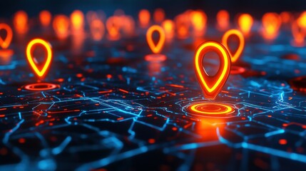 Glowing location markers on a high-tech digital map with radiant effects.