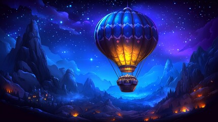 Mystical hot air balloon adventure soars through starlit sky painting a dreamscape horizon with celestial hues and artistic exploration
