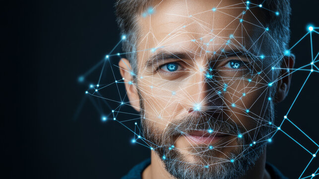 man with beard and blue eyes, surrounded by digital network of connections, representing technology and innovation. image conveys sense of modernity and intelligence