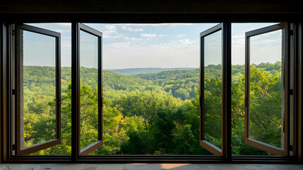 Open Window Frame Revealing Expansive Green Forest Landscape Under Blue Sky