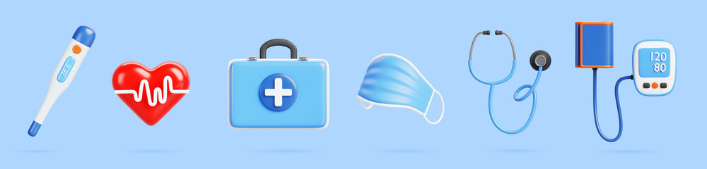 3d doctor equipment kit - first aid medicine bag, medical face mask, thermometer, stethoscope, electronic blood pressure tonometer, heart with beat pulse line. Cartoon render icon set. 3D illustration