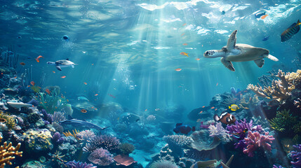 Fototapeta premium Tranquil Underwater World - An Enchanting Glimpse of Marine Life and Vibrant Coral Reefs Beneath the Ocean's Surface