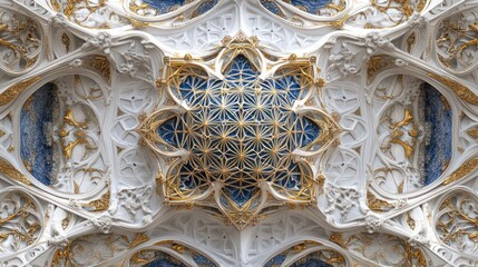 Intricate gold and white ceiling detail with blue geometric center.