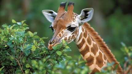 Obraz premium Young giraffe eating leaves in lush green foliage.
