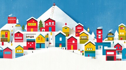 Festive winter village scene with colorful houses and snowy mountain backdrop perfect for holiday greetings and seasonal decorations