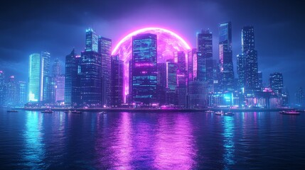 Obraz premium Cyberpunk city skyline reflecting in water with neon glow evoking a futuristic urban landscape in vaporwave aesthetic digital art