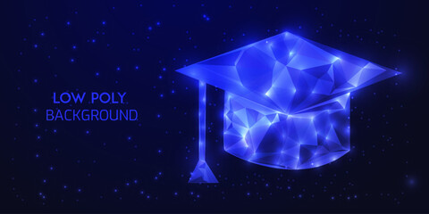 Futuristic Low Poly Digital Wireframe Illustration of French Fries in a Container with Neon Blue Glowing Polygonal Connections on a Dark Abstract Background