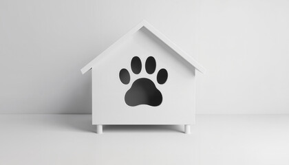 Minimalist white doghouse with paw print on clean background