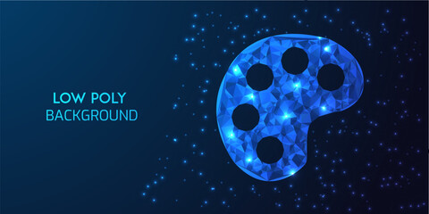 Futuristic Low Poly Digital Wireframe Illustration of French Fries in a Container with Neon Blue Glowing Polygonal Connections on a Dark Abstract Background