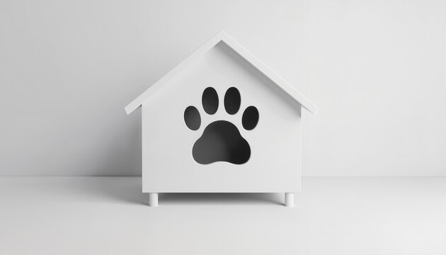 Minimalist white doghouse with paw print on clean background