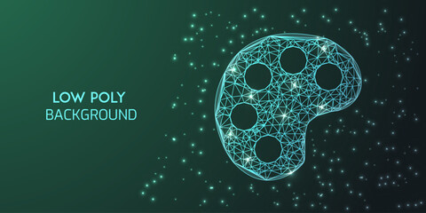 Futuristic Low Poly Digital Wireframe Illustration of French Fries in a Container with Neon Blue Glowing Polygonal Connections on a Dark Abstract Background