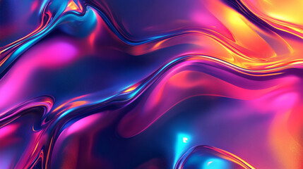 An abstract, bold, and colorful holographic background featuring a liquid blob shape. The iridescent melted substance creates a striking contrast against the black backdrop with chrome-like drops