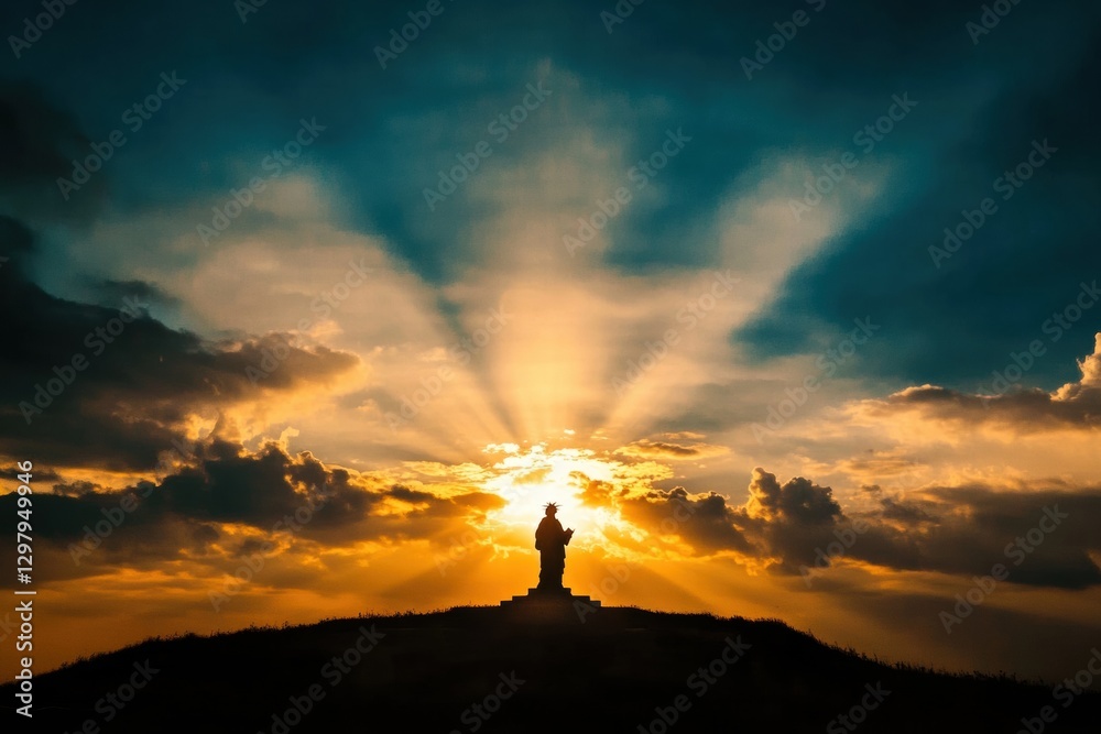 Poster stunning sunset illuminating a statue atop a hill with dramatic clouds in the background. generative