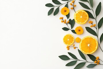 Lemon slices green leaves flat lay on white background