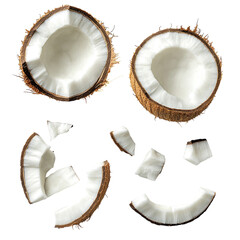 A set of coconut pieces, cut in half and arranged on a transparent background.