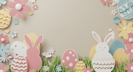 Obraz premium Easter Bliss: A 3D Celebration of Spring Generative AI. 3D poster captures the essence of Easter Day, featuring vibrant paper-cut elements that evoke a joyful atmosphere. Text space.