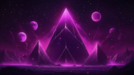 Mystical purple pyramid scenery with cosmos and stars in digital fantasy landscape with futuristic glowing vibes and surreal atmosphere