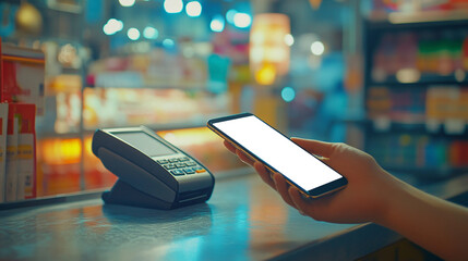 Electronic contactless payment by phone through bank terminal. NFC.  Copy space. 