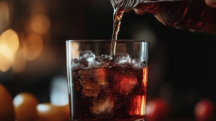 A close-up of someone pouring a sugary beverage, such as soda or fruit juice, into a glass, with a focus on the calories and sugar content of drinks