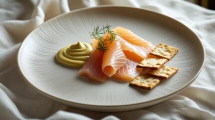 A plate of Gravad Lax, thinly sliced cured salmon served with mustard sauce and crispbread.