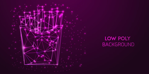 Futuristic Low Poly Digital Wireframe Illustration of French Fries in a Container with Neon Blue Glowing Polygonal Connections on a Dark Abstract Background