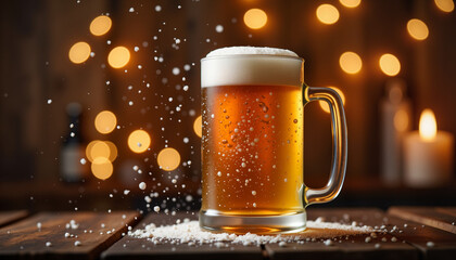 Frosty beer mug with foam and bokeh lights