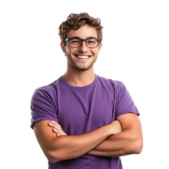 Obraz premium A young, handsome man with a cheerful smile, wearing a purple shirt and glasses, stands with his arms crossed against a transparent background.