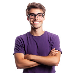 A young, handsome man with a cheerful smile, wearing a purple shirt and glasses, stands with his arms crossed against a transparent background.
