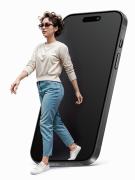 Stepping Out of Digital World. Young Woman Appears to Stroll out of a Smartphone.