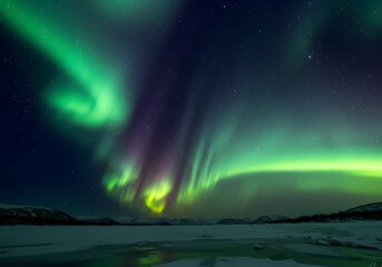 Aurora Borealis Lights Dancing Above Snowy Landscape in Winter Night