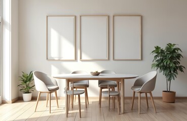 Modern dining room interior with white walls, wooden floor and long wooden table with light chairs. Three vertical mock up posters. Contemporary space with minimalist design. Home indoor style.