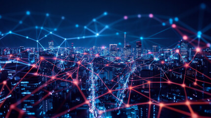 Fototapeta premium vibrant city skyline at night with digital network connections, showcasing technology and urban life. glowing lines represent data flow and connectivity