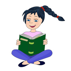 The girl is reading a book. Favorite hobby is reading. Vector illustration
