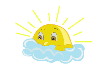 Summer hot sun peeking out from behind a cloud. Vector illustration