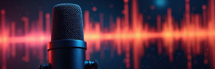 Professional vocal microphone with soundwaves on wide banner. Podcast audio recording equipment in studio. Mic for singing, speaking, streaming. Voice recording mic with vibrant waveform graphic