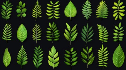 Pixelated Leaf Assortment on Black Background Various Green Leaves Botanical Illustration Digital Art Retro Style Fresh and Bright