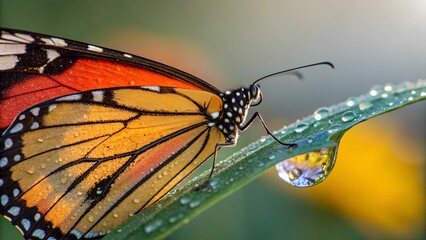 Obraz premium Monarch Butterfly on Dew-Drenched Leaf: A monarch butterfly with vibrant orange and black wings, resting on a dewy green leaf. The droplets of water glisten like tiny jewels.