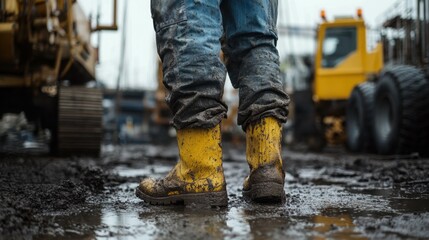 A construction worker stands on a muddy surface, showcasing worn yellow boots against a backdrop of machinery and damp surroundings. The weather adds a gritty touch to the worksite